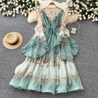 Courtly Flared Sleeve Floral Print Dress