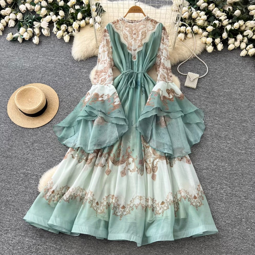 Courtly Flared Sleeve Floral Print Dress
