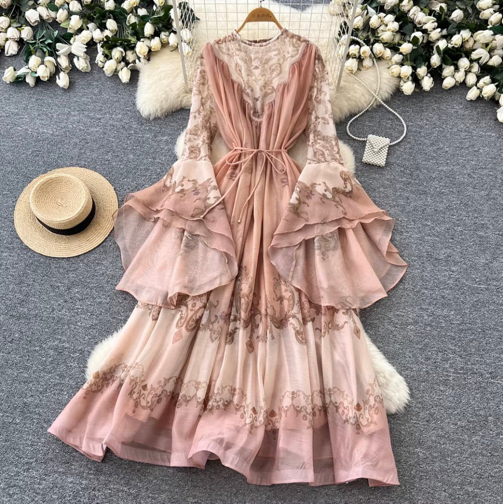 Courtly Flared Sleeve Floral Print Dress