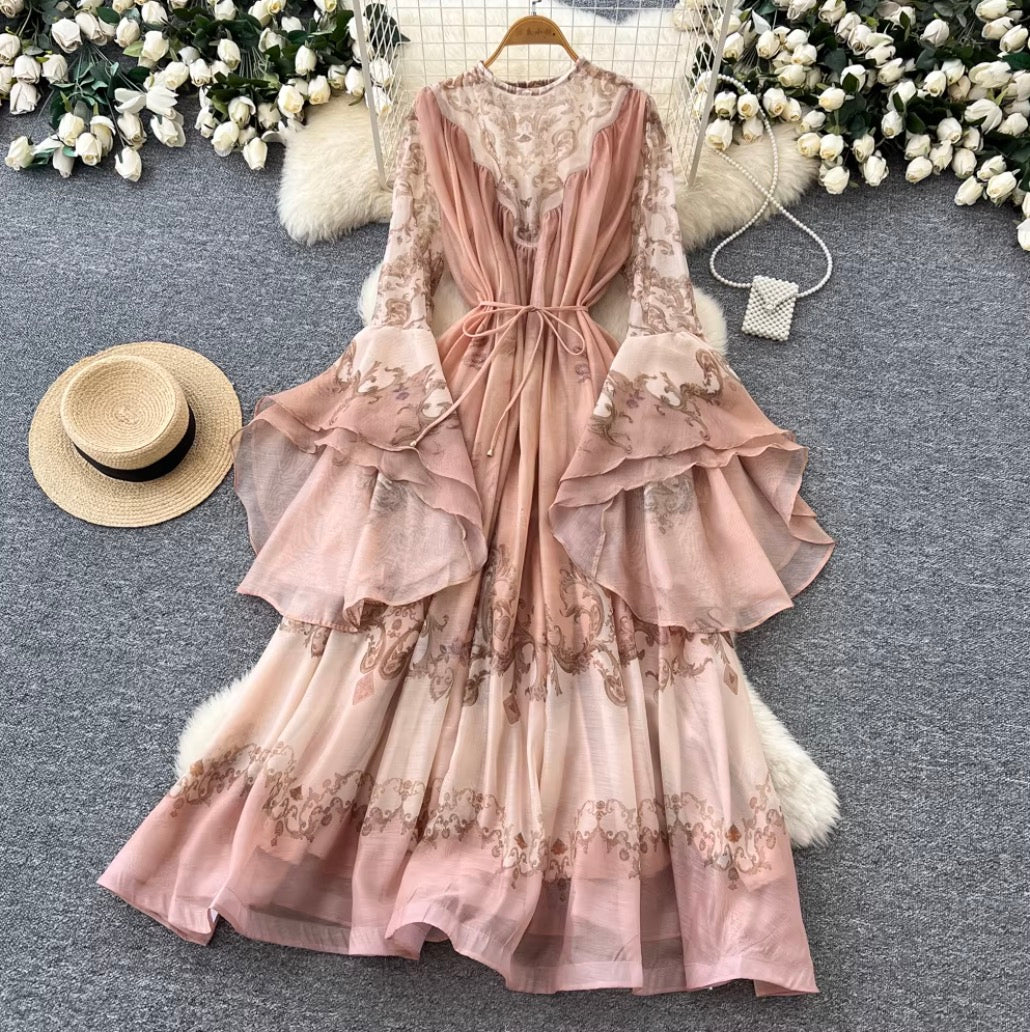 Courtly Flared Sleeve Floral Print Dress