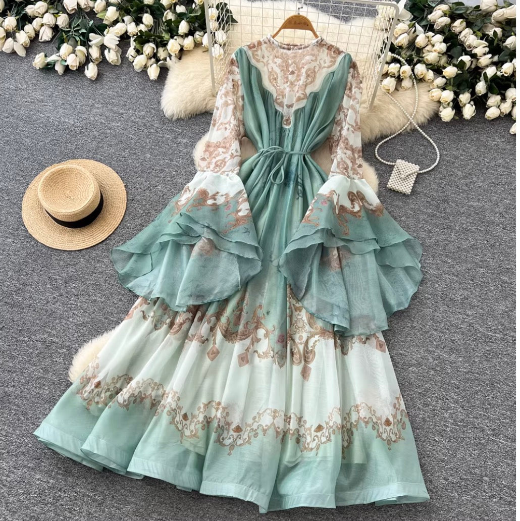 Courtly Flared Sleeve Floral Print Dress