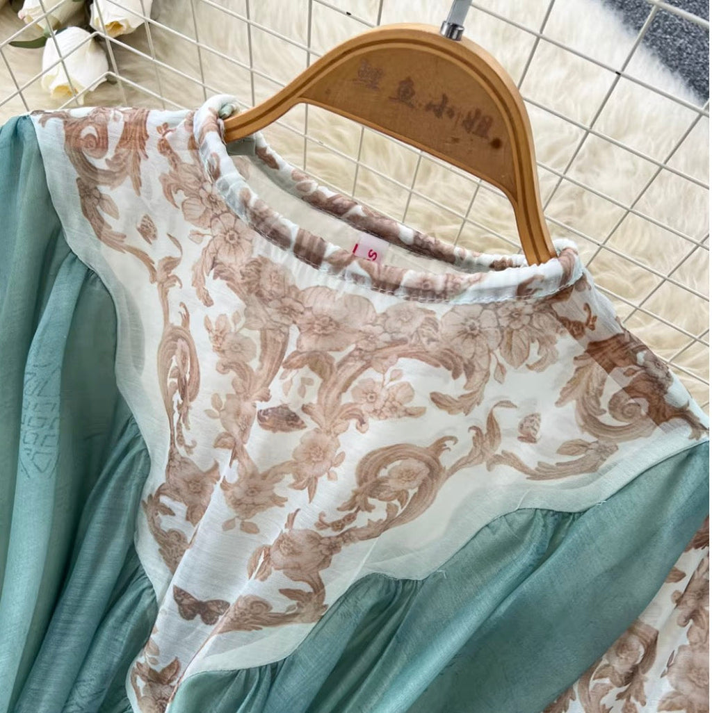 Courtly Flared Sleeve Floral Print Dress