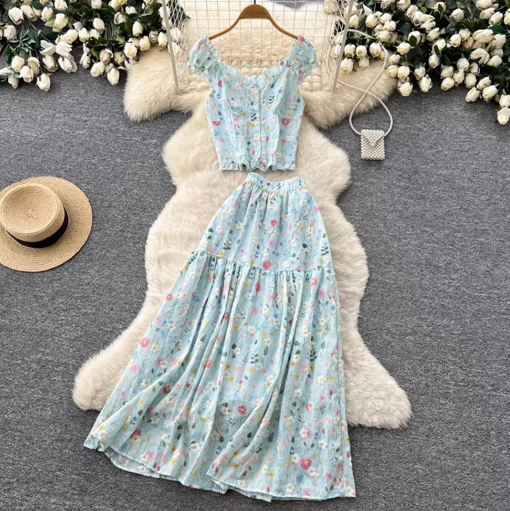 Floral Print Vest & Skirt 2Pcs