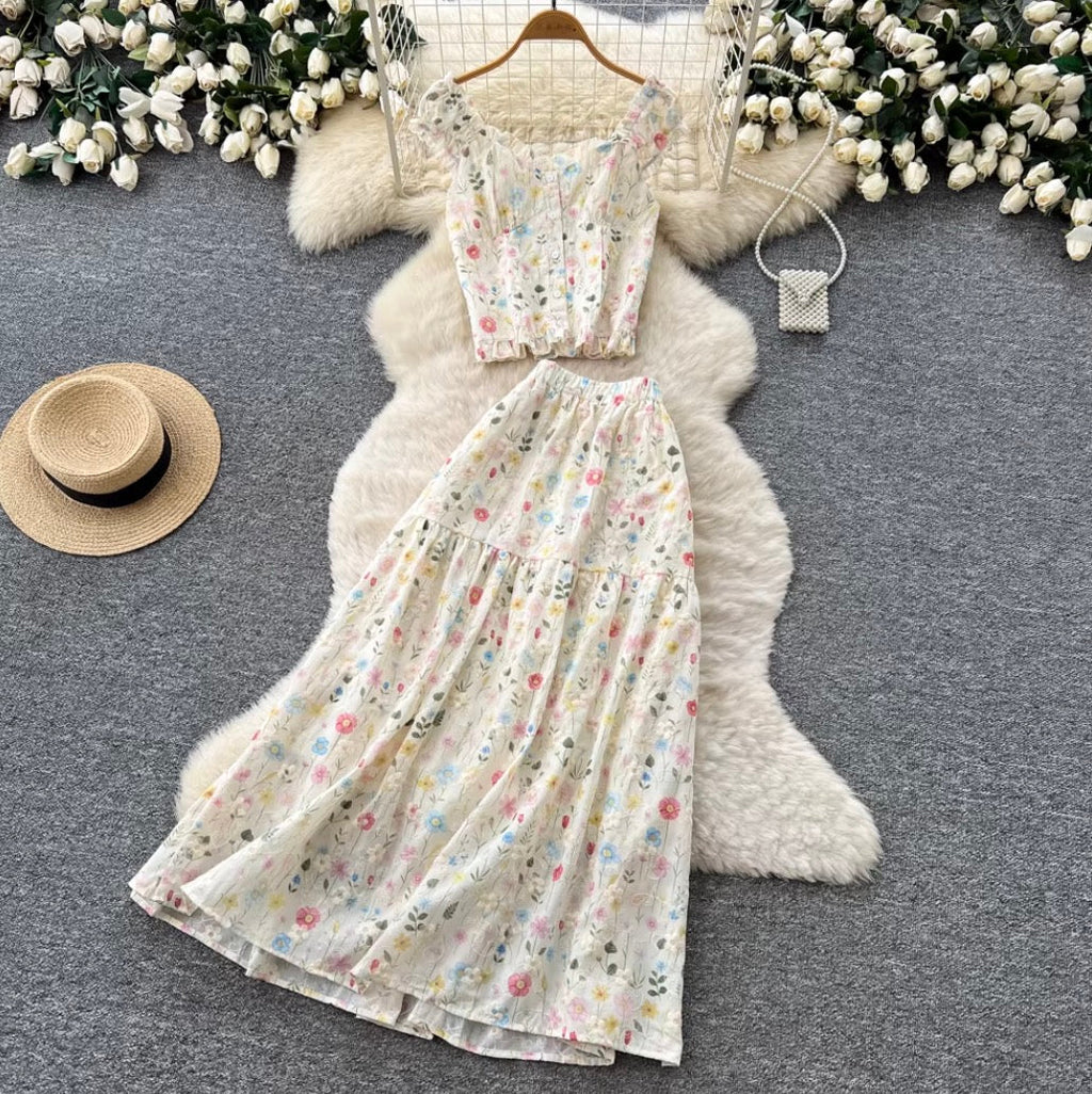 Floral Print Vest & Skirt 2Pcs