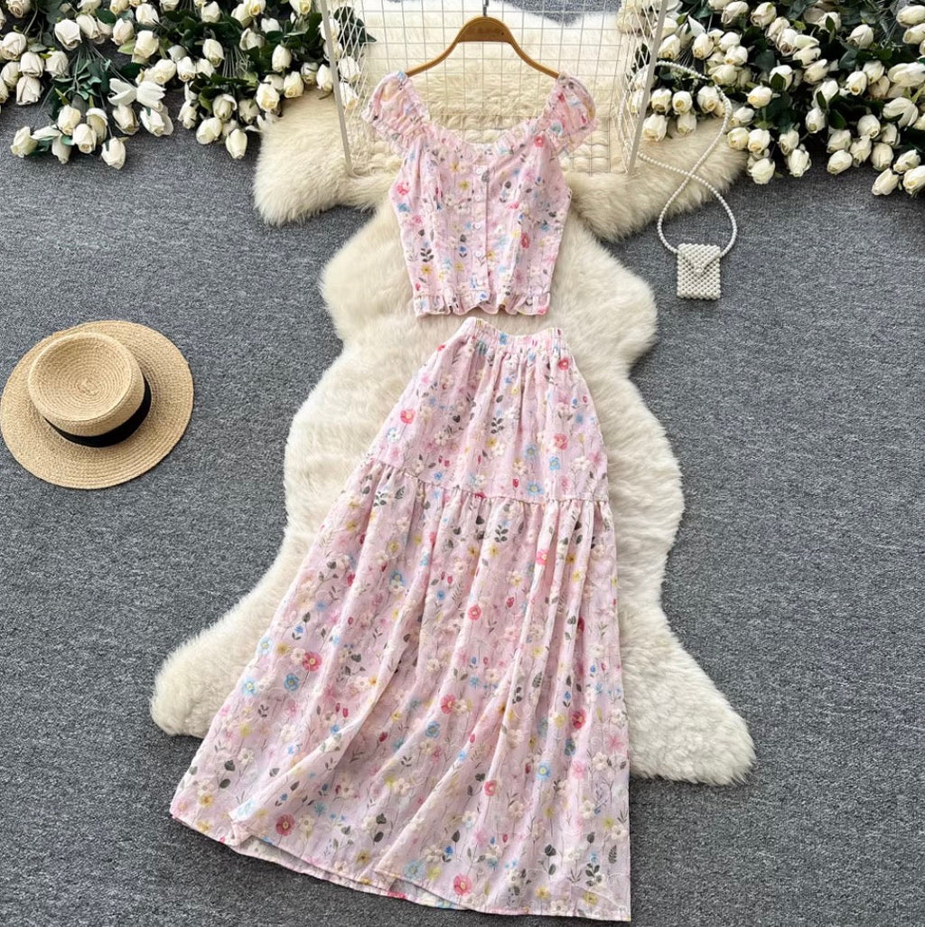Floral Print Vest & Skirt 2Pcs