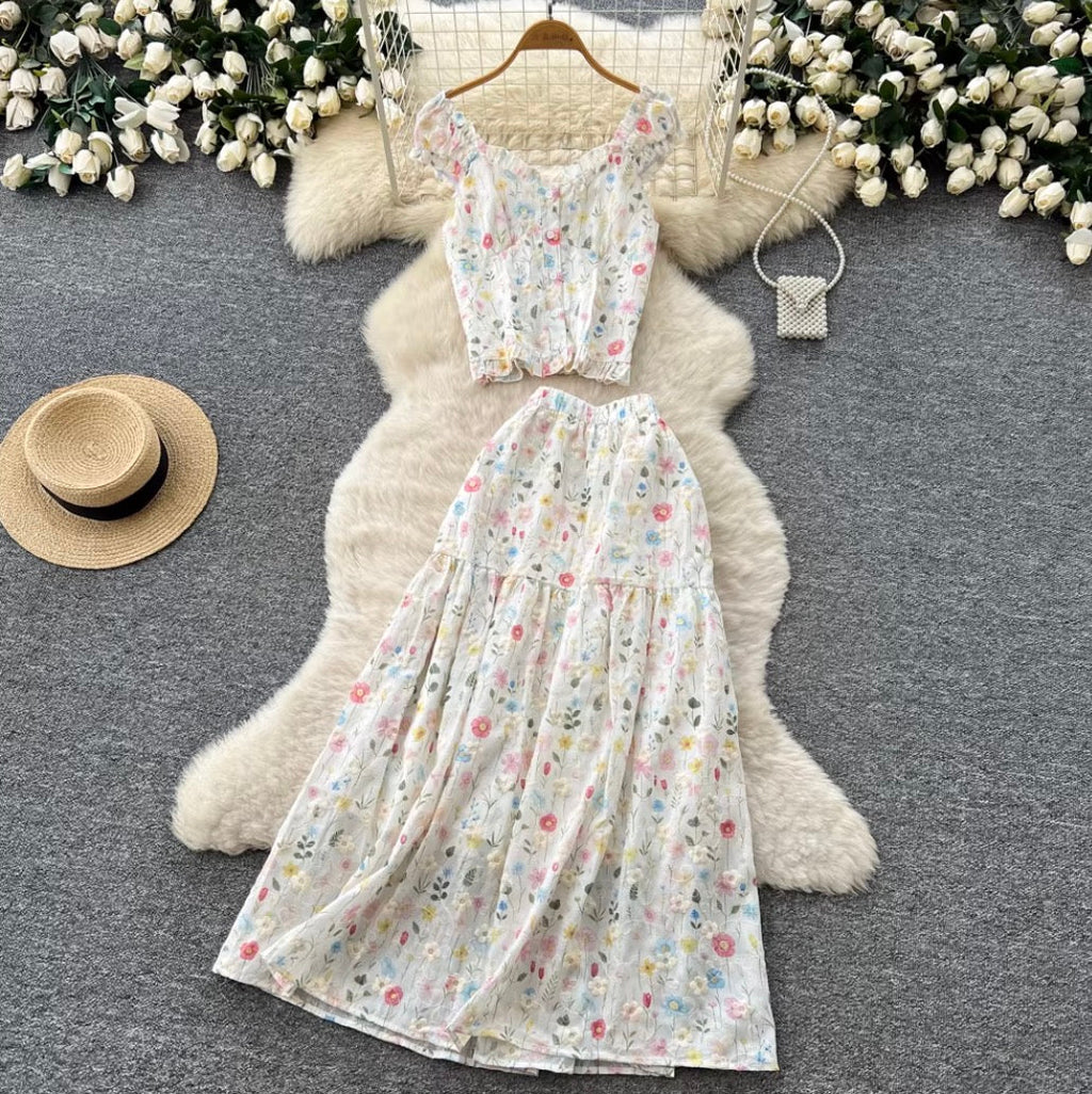 Floral Print Vest & Skirt 2Pcs