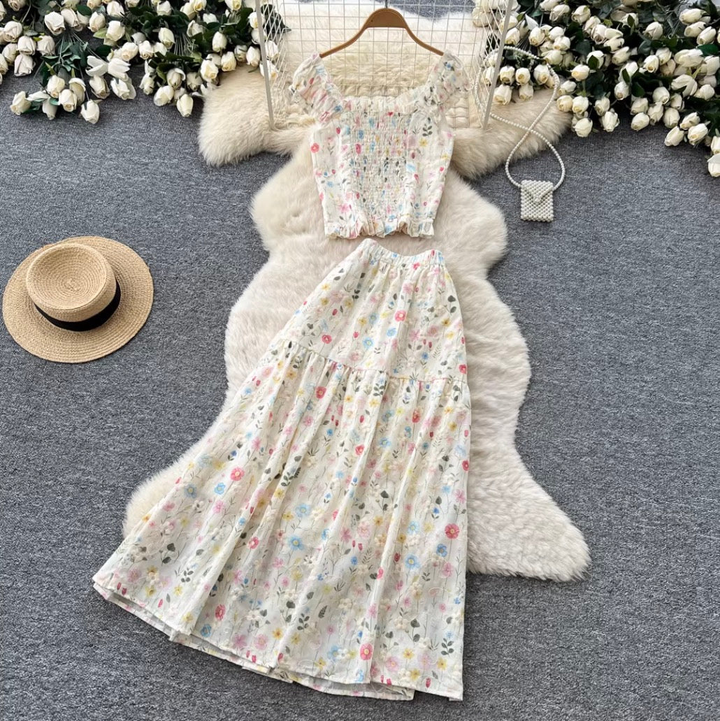 Floral Print Vest & Skirt 2Pcs