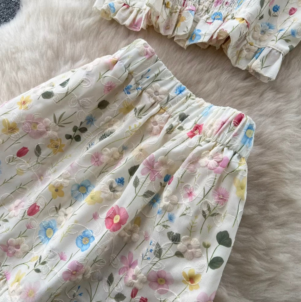 Floral Print Vest & Skirt 2Pcs