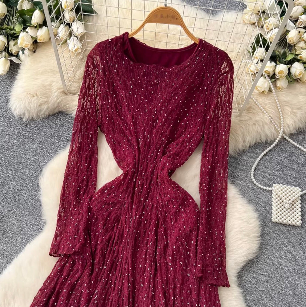 V-neck Sequined Lace Dress