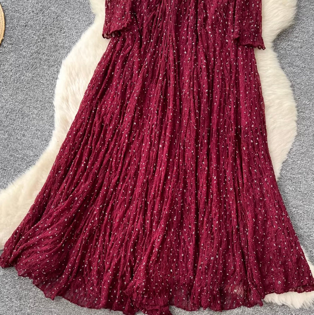 V-neck Sequined Lace Dress
