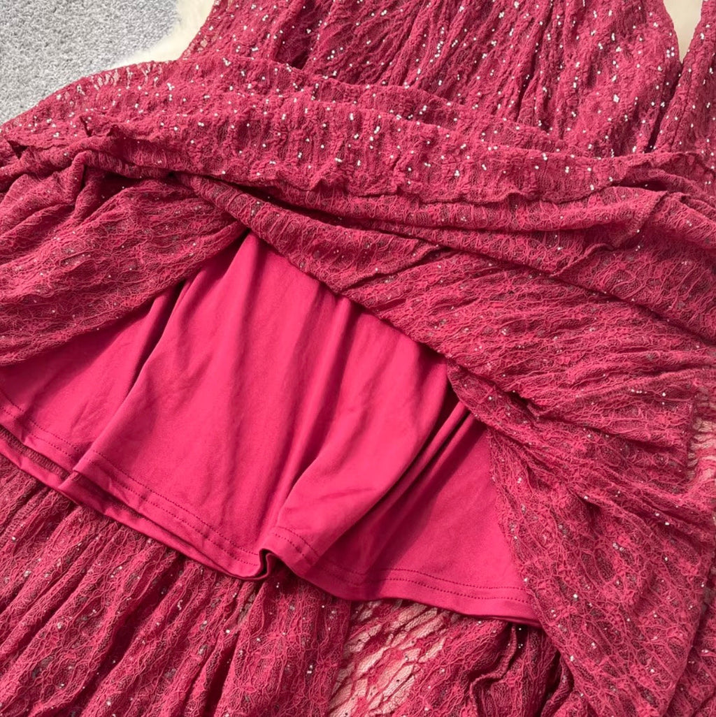 V-neck Sequined Lace Dress