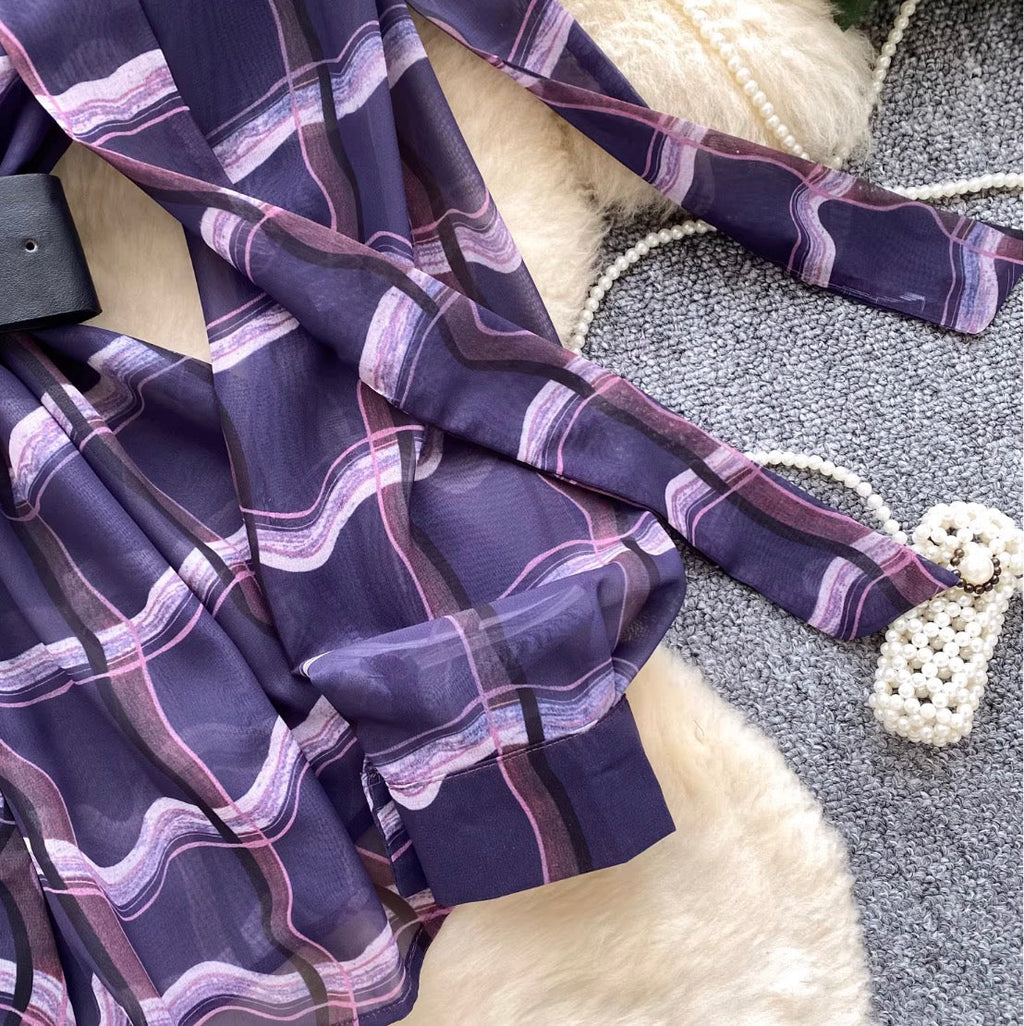 V-neck Plaid Shirt with Belt