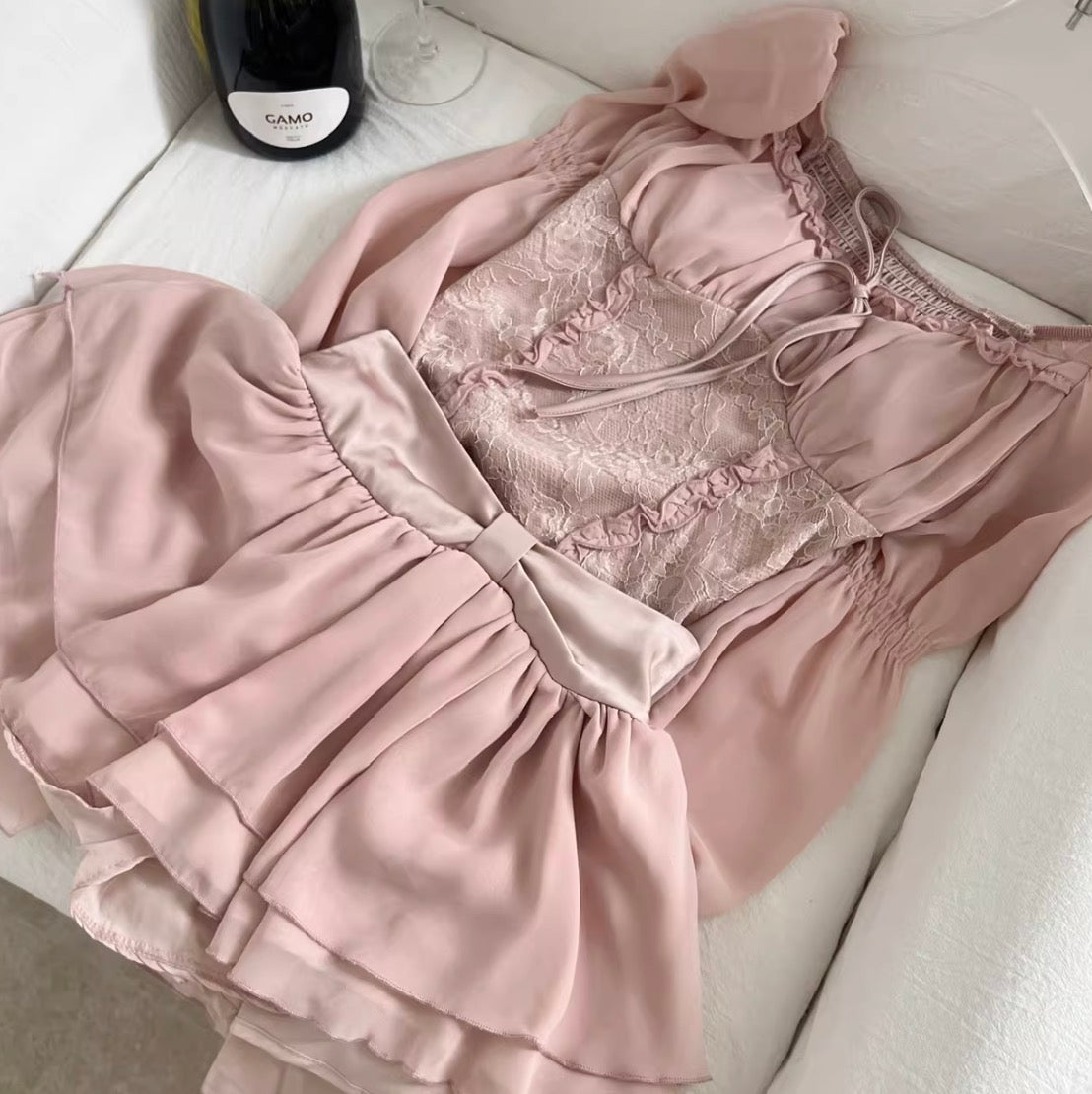 Lace Shirt & Pleated Skirt 2Pcs