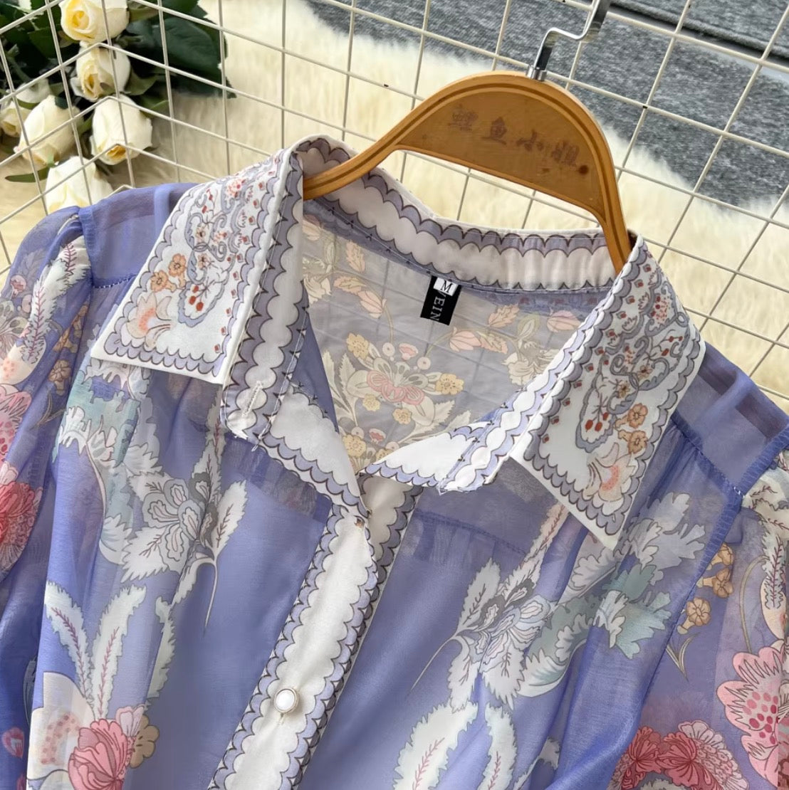 Purple Floral Print Shirt Dress