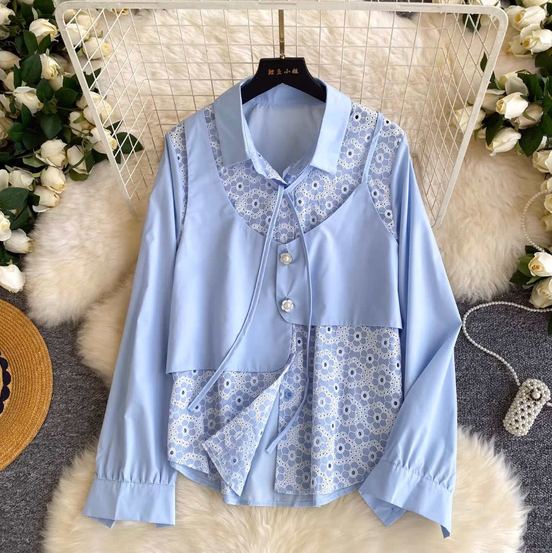Faux Two-pieces Lace Patchwork Shirt