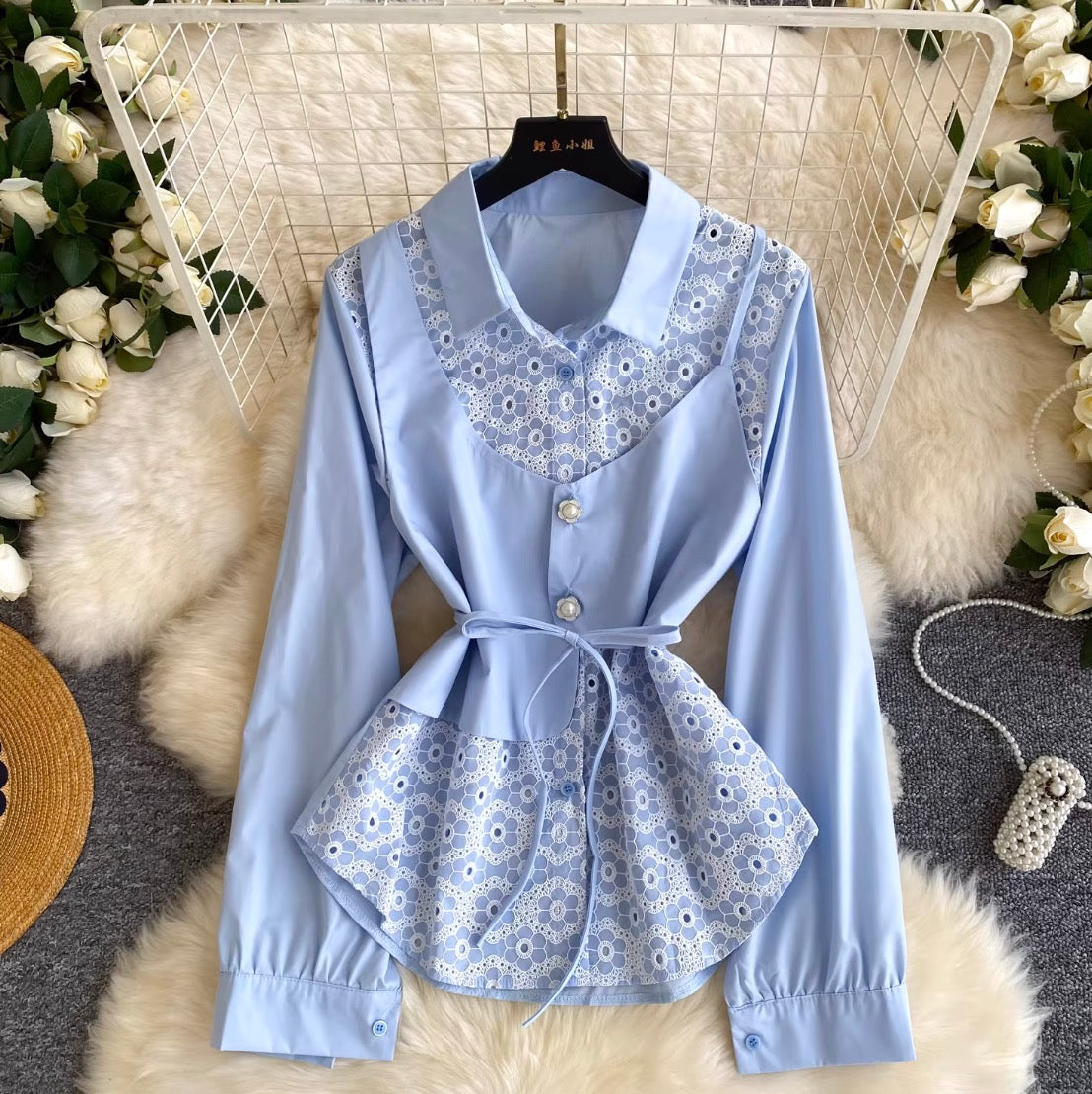 Faux Two-pieces Lace Patchwork Shirt