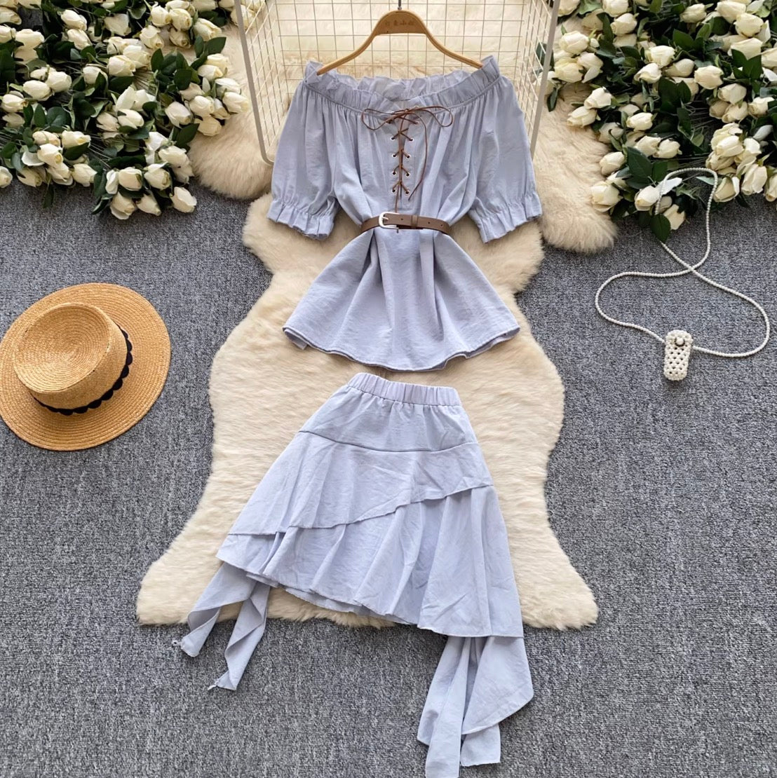 Off-shoulder Top & Cake Skirt 2Pcs