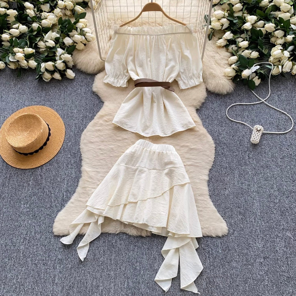 Off-shoulder Top & Cake Skirt 2Pcs