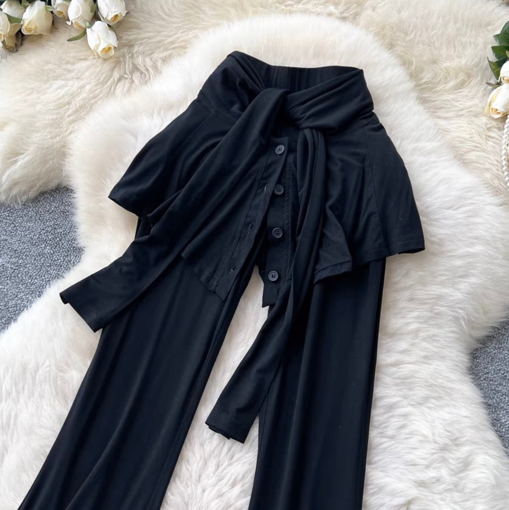 Faux Two-pieces Black Flared Trousers