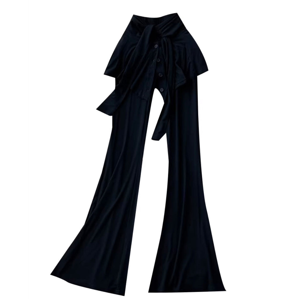 Faux Two-pieces Black Flared Trousers
