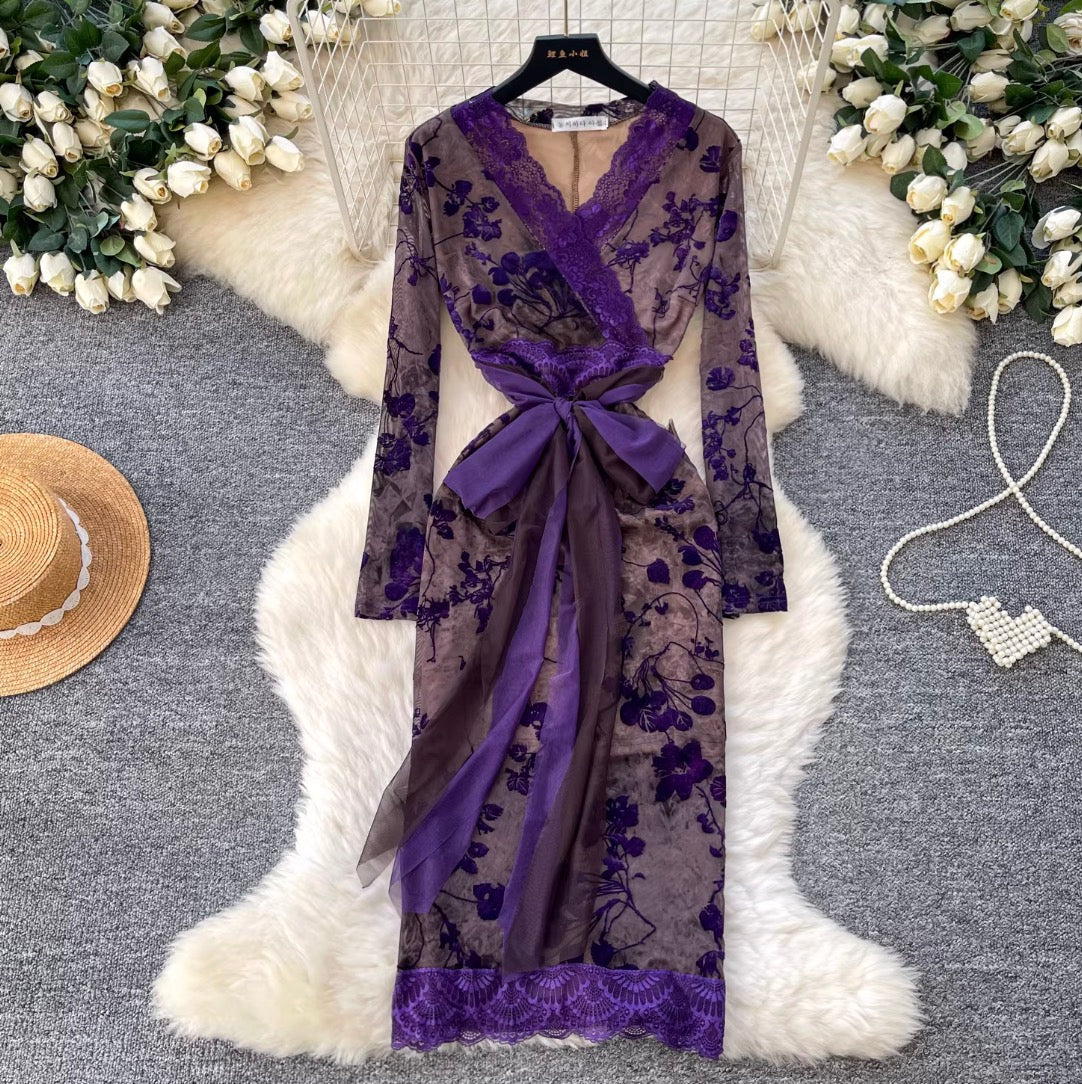 Vintage Purple Floral Mesh Split Dress