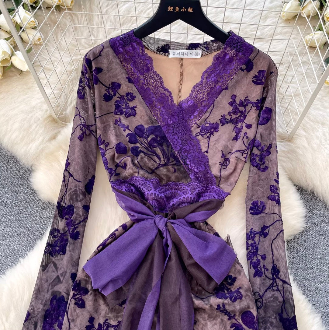 Vintage Purple Floral Mesh Split Dress