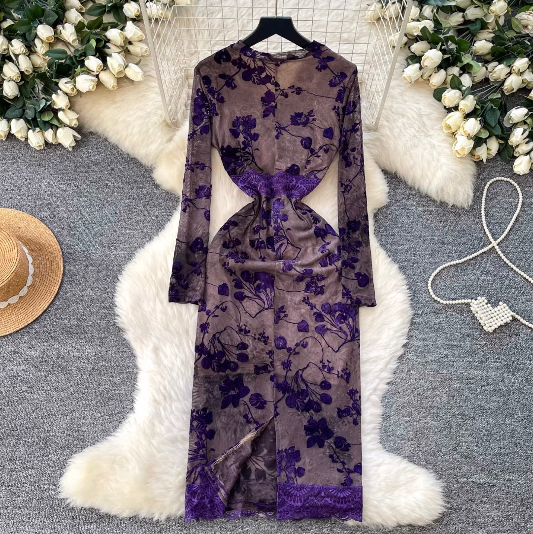 Vintage Purple Floral Mesh Split Dress