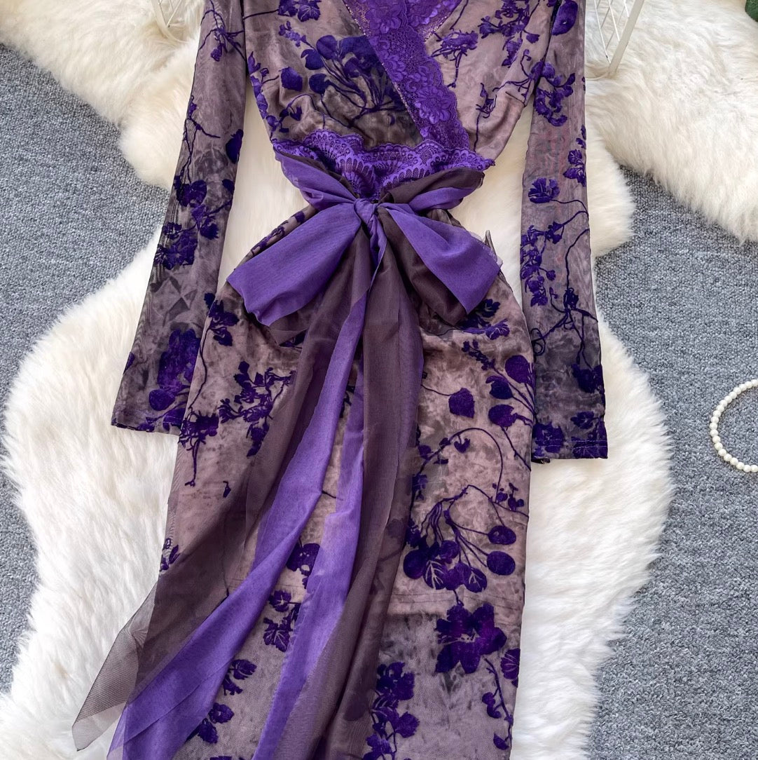 Vintage Purple Floral Mesh Split Dress
