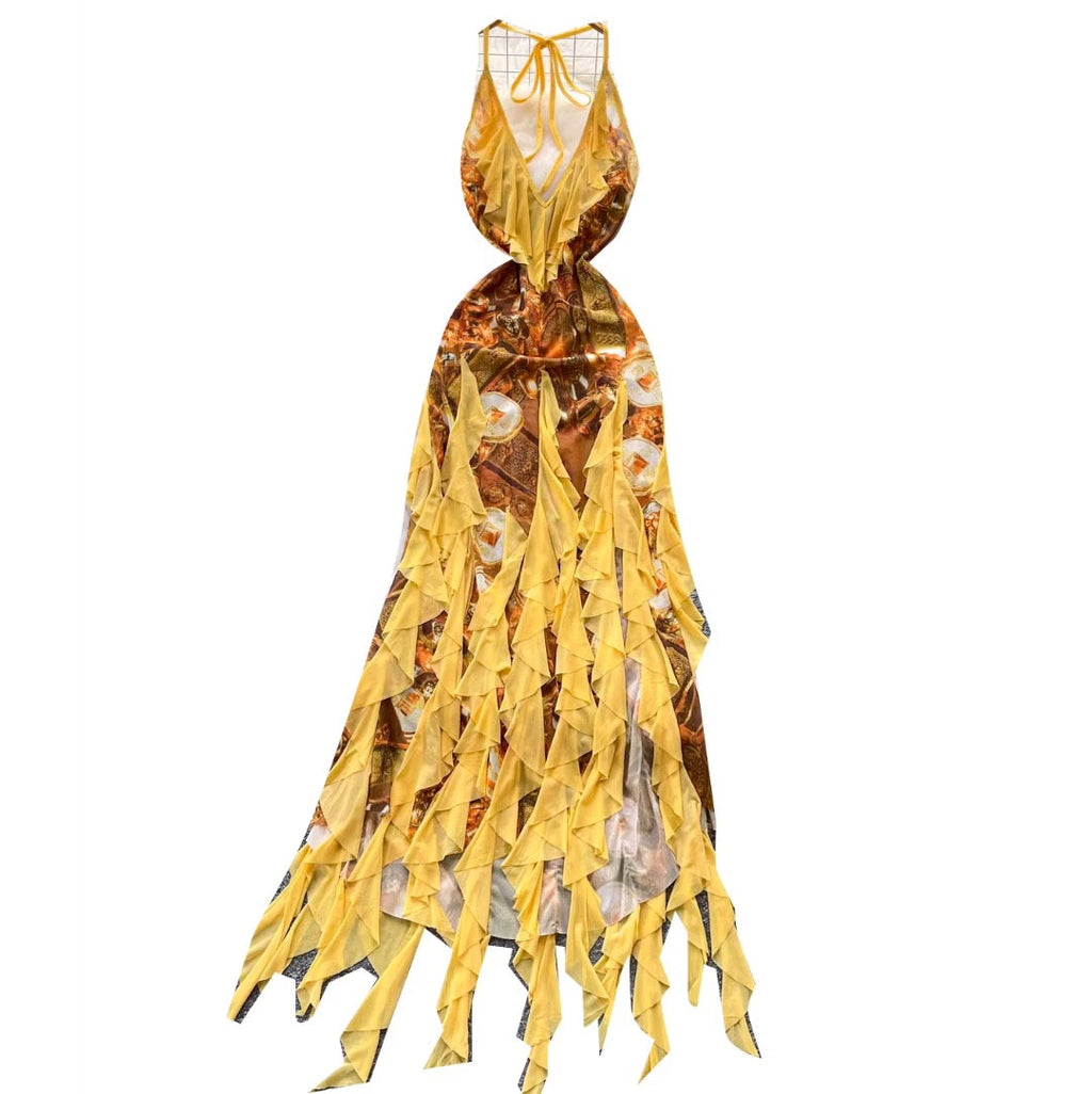 Print Backless Fringed Halter Dress