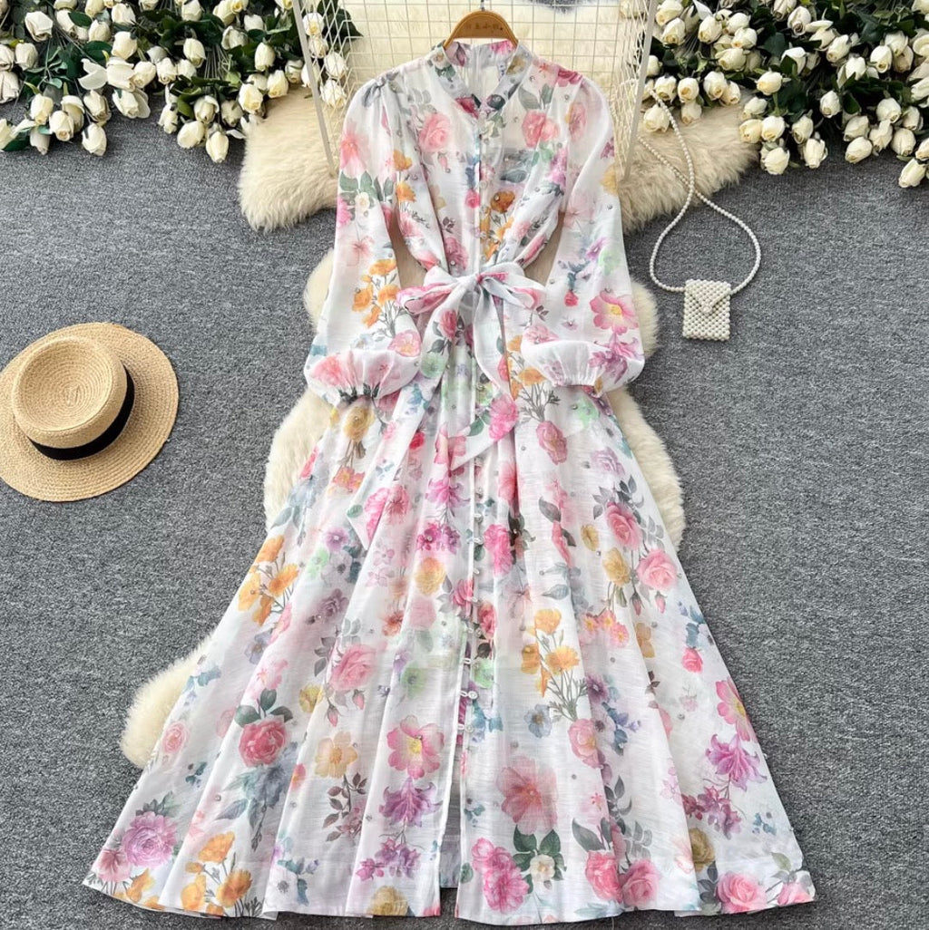 French Style Floral Shirt Dress 2Pcs