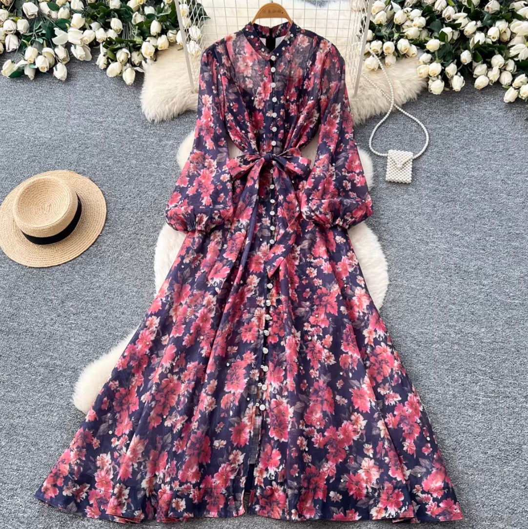 French Style Floral Shirt Dress 2Pcs