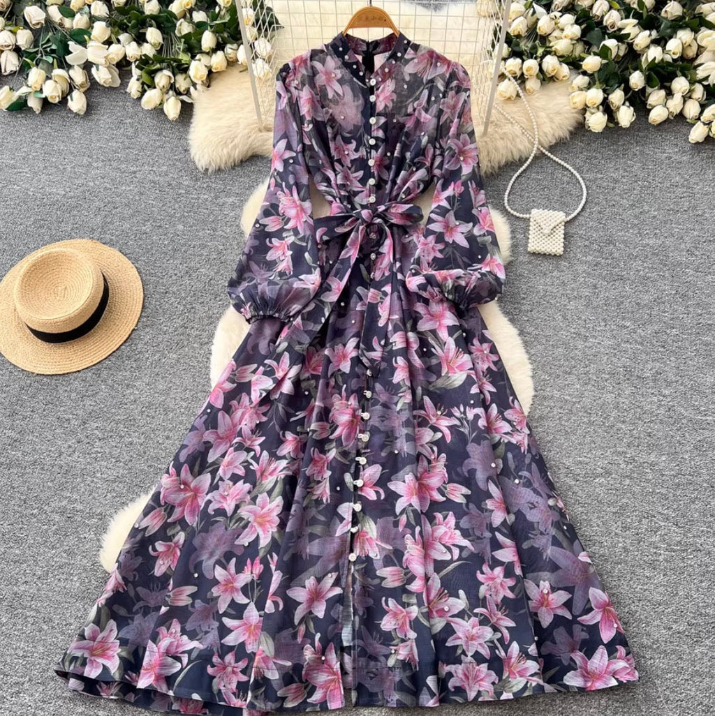 French Style Floral Shirt Dress 2Pcs