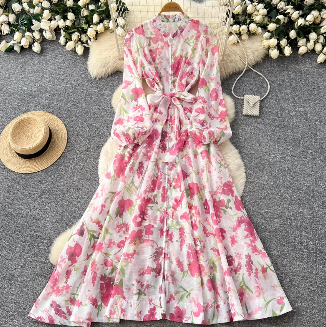 French Style Floral Shirt Dress 2Pcs