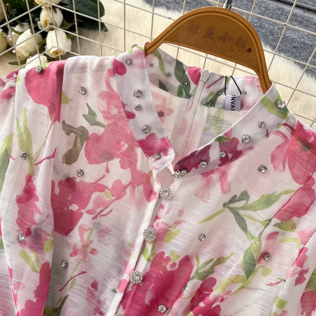 French Style Floral Shirt Dress 2Pcs