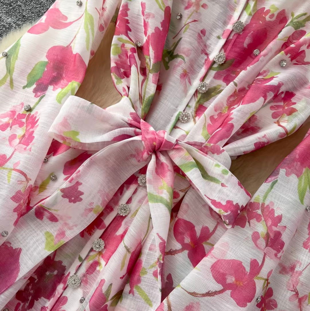 French Style Floral Shirt Dress 2Pcs