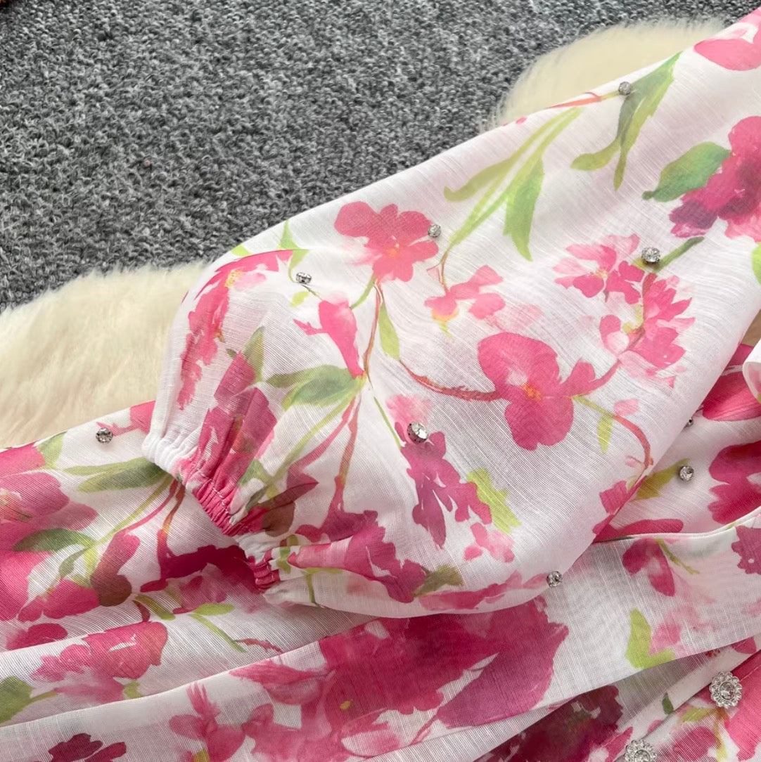 French Style Floral Shirt Dress 2Pcs