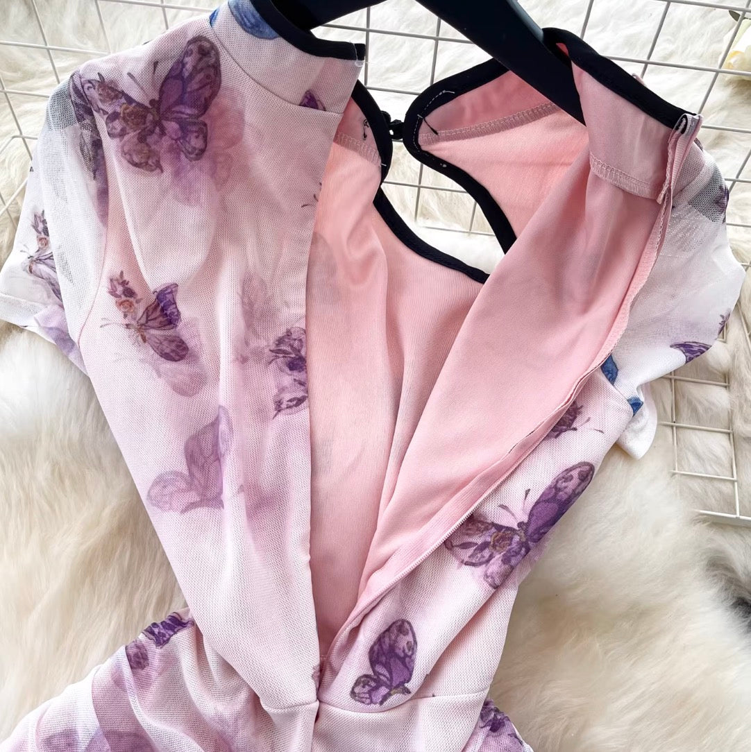 Chinese Style Butterfly Print Cheongsam