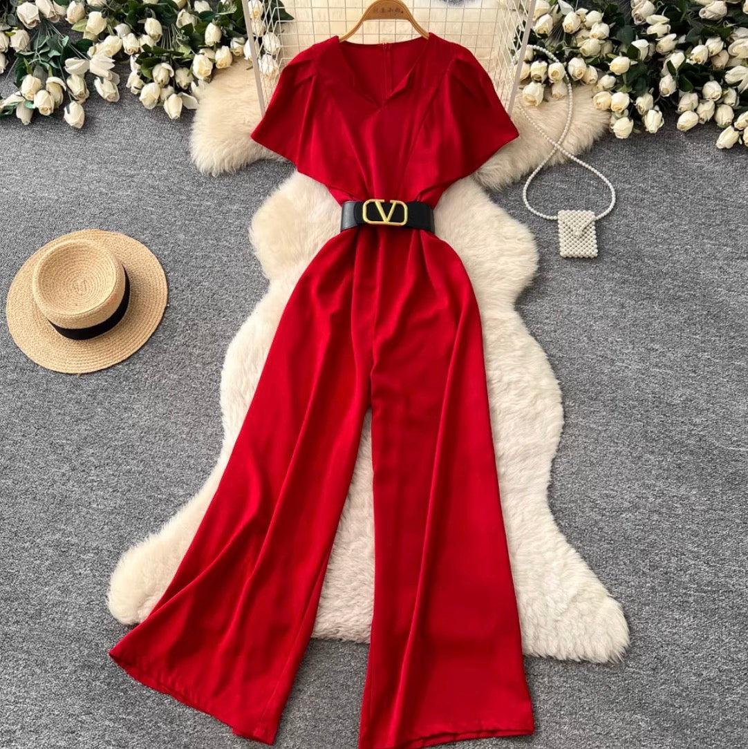 V-neck Straight Jumpsuit with Belt