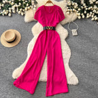V-neck Straight Jumpsuit with Belt