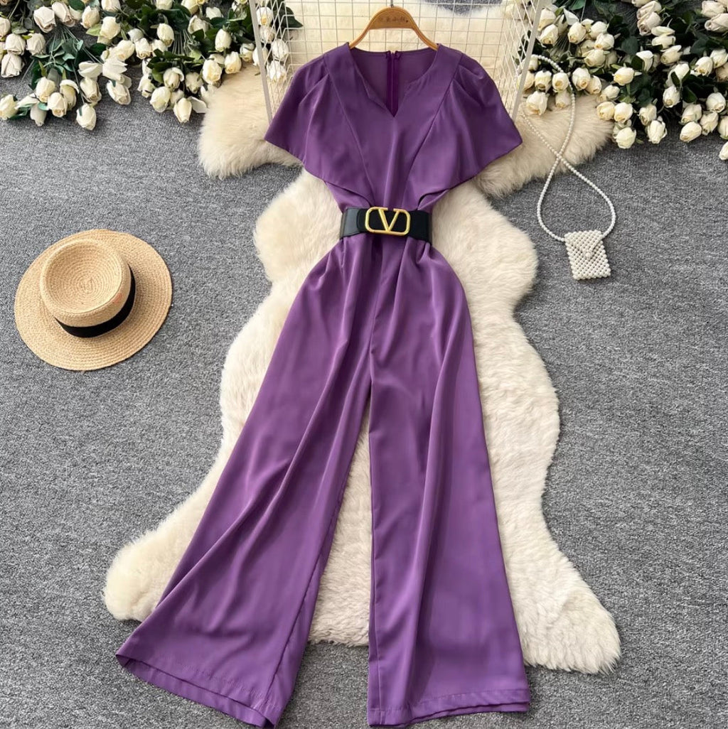 V-neck Straight Jumpsuit with Belt