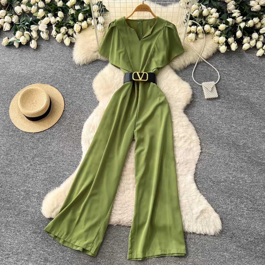 V-neck Straight Jumpsuit with Belt