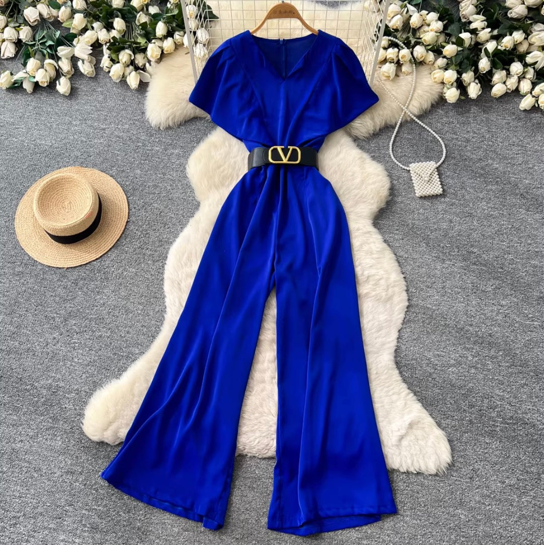 V-neck Straight Jumpsuit with Belt