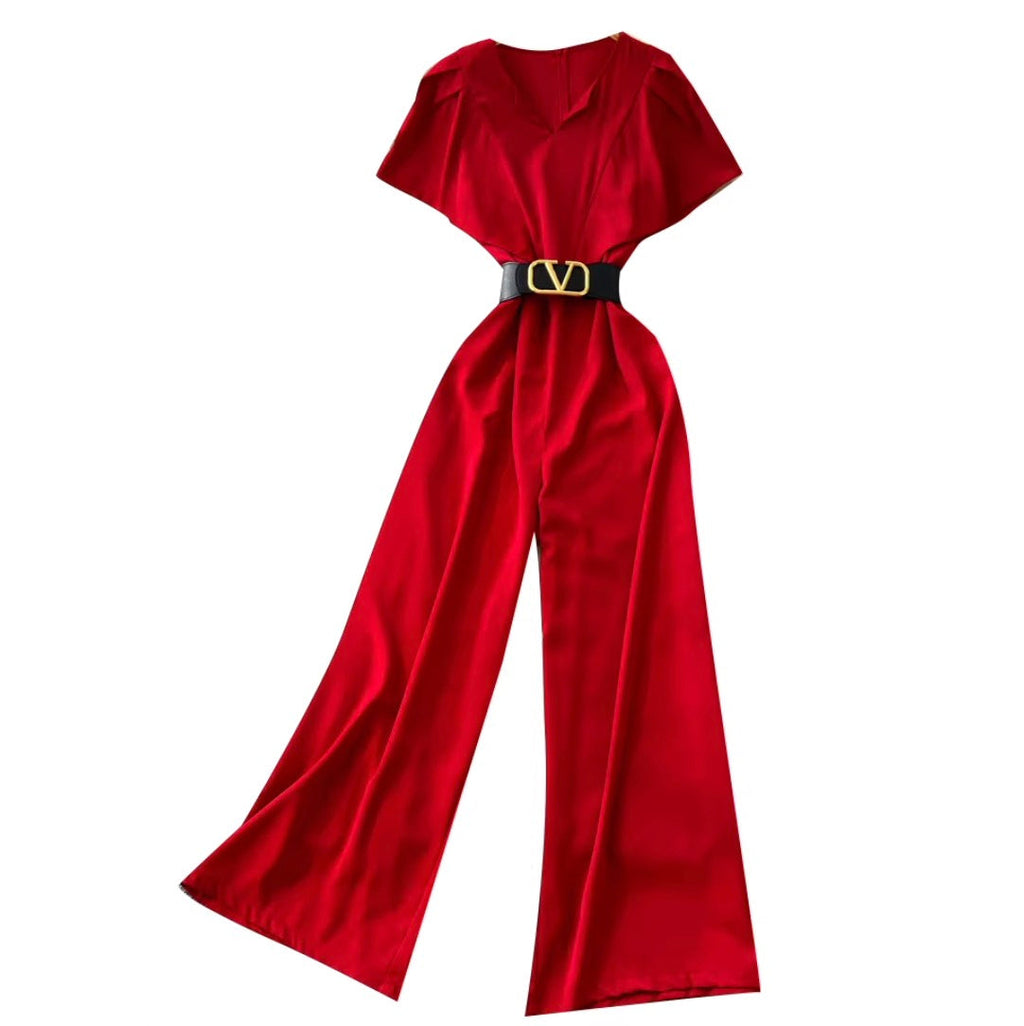 V-neck Straight Jumpsuit with Belt