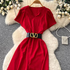 V-neck Straight Jumpsuit with Belt