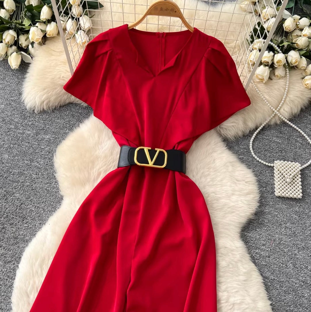 V-neck Straight Jumpsuit with Belt
