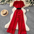 V-neck Straight Jumpsuit with Belt
