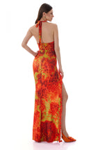 Abstract Print Halter Neck Slit Maxi Dress