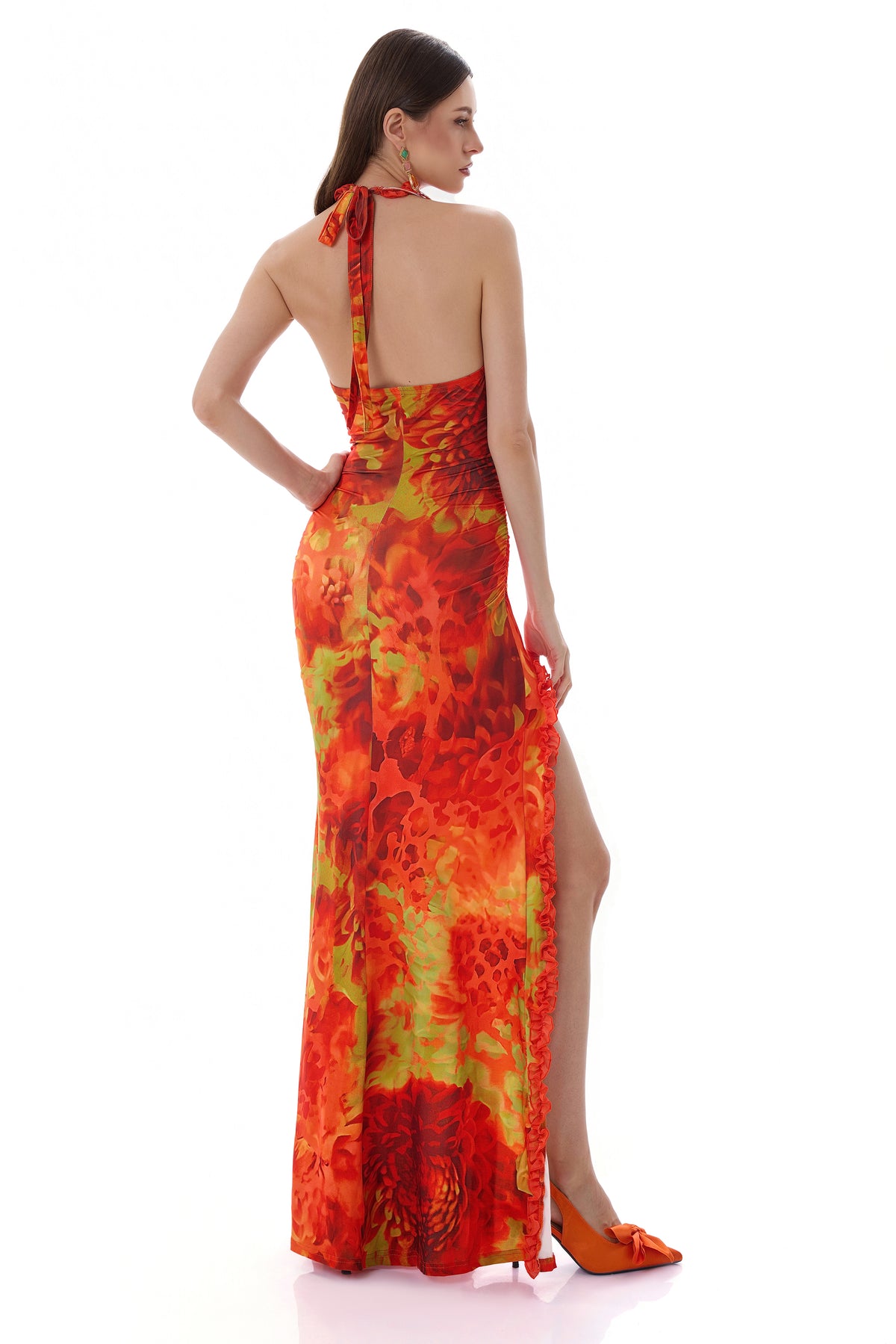 Abstract Print Halter Neck Slit Maxi Dress