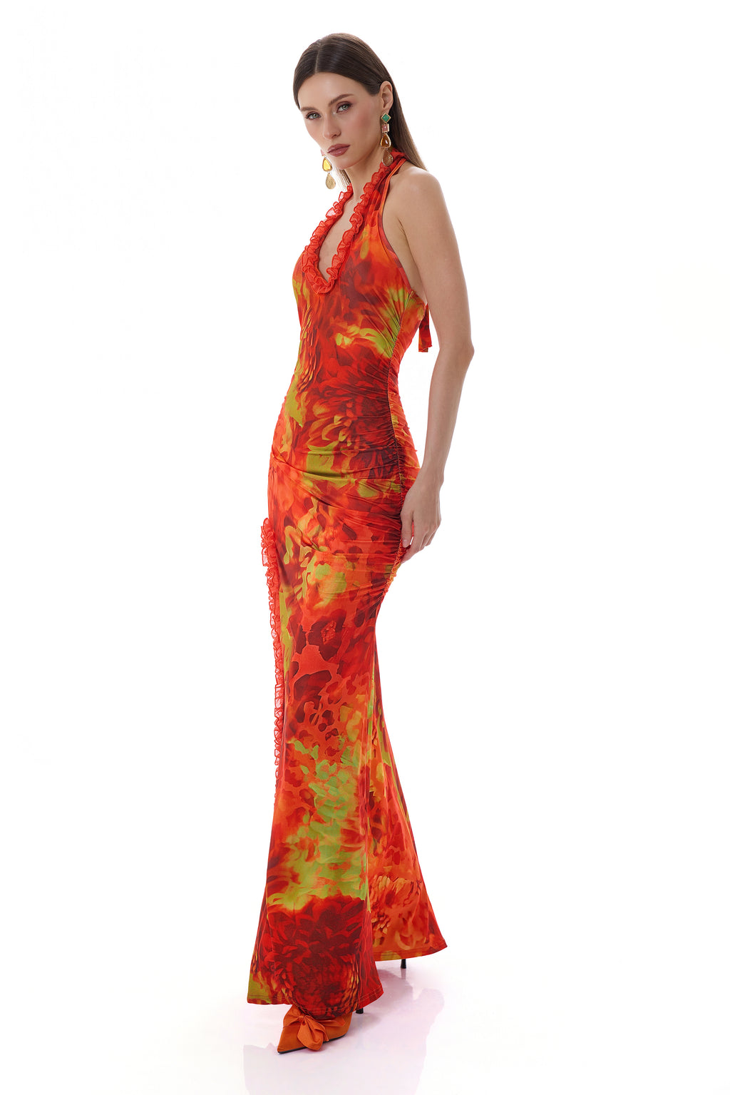 Abstract Print Halter Neck Slit Maxi Dress