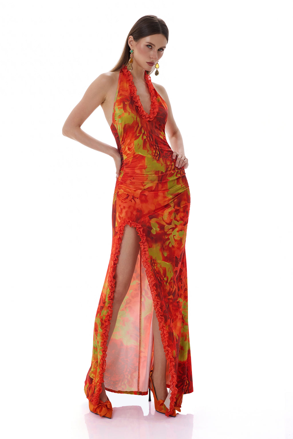Abstract Print Halter Neck Slit Maxi Dress